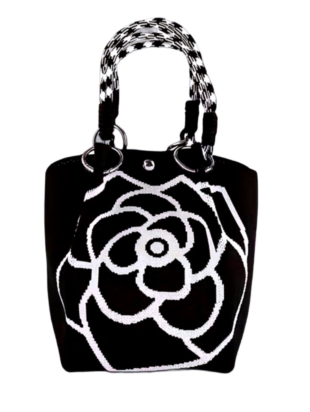 New -Stylish -Black Knit Bucket Bag w/a Beautiful White Flower Pattern Design